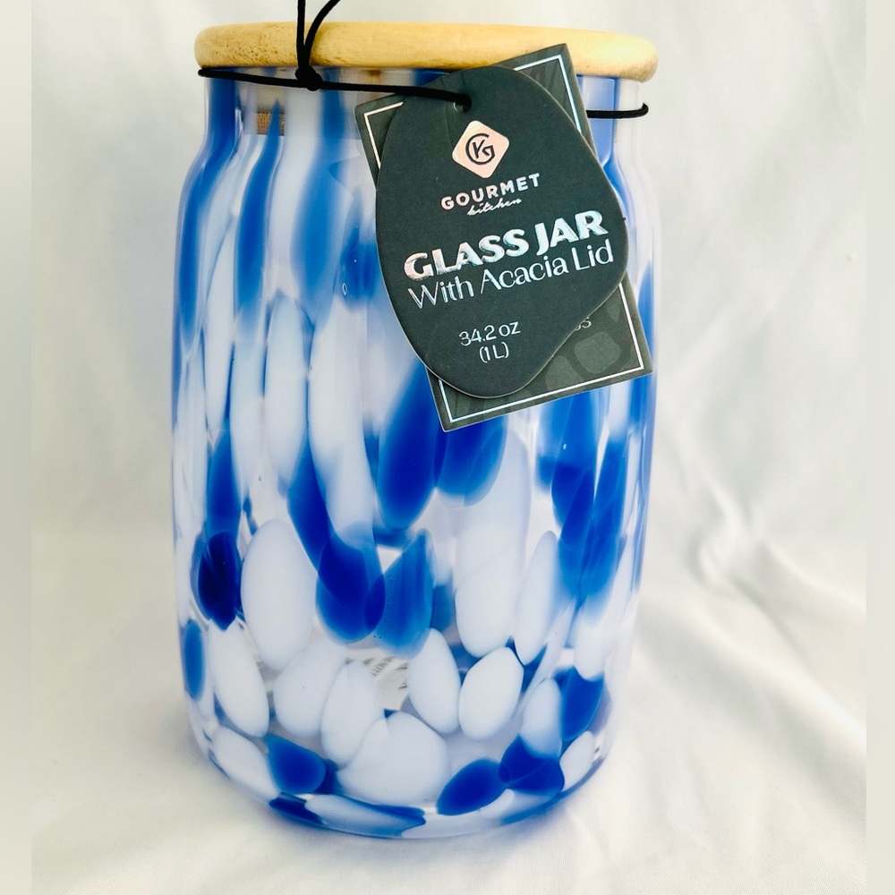 NEW Gourmet Kitchen Murano Glass Jar With Bamboo Lid White~Dark Blue~ Airtight